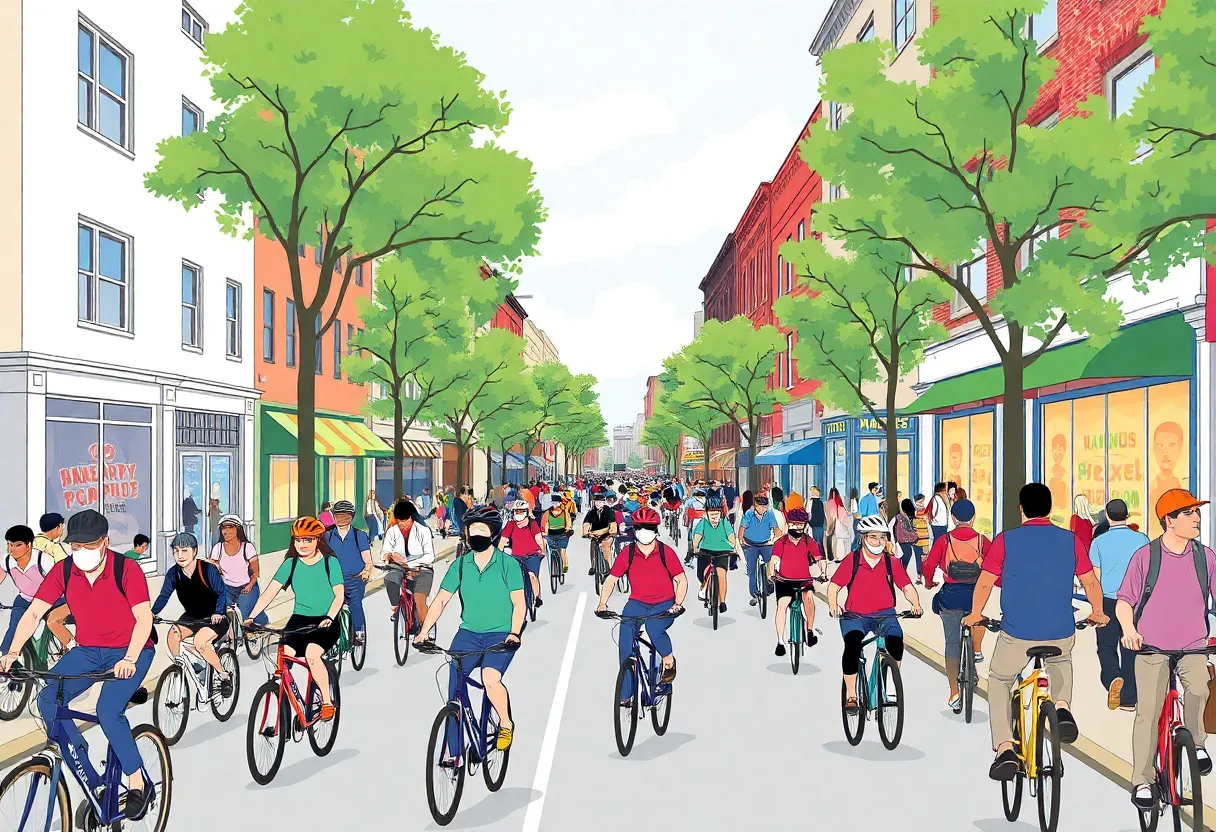 Hampden street filled with bicycles and people during Maryland Cycling Classic.