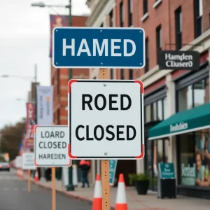 Hampden street view with road closures indicated for the Maryland Cycling Classic