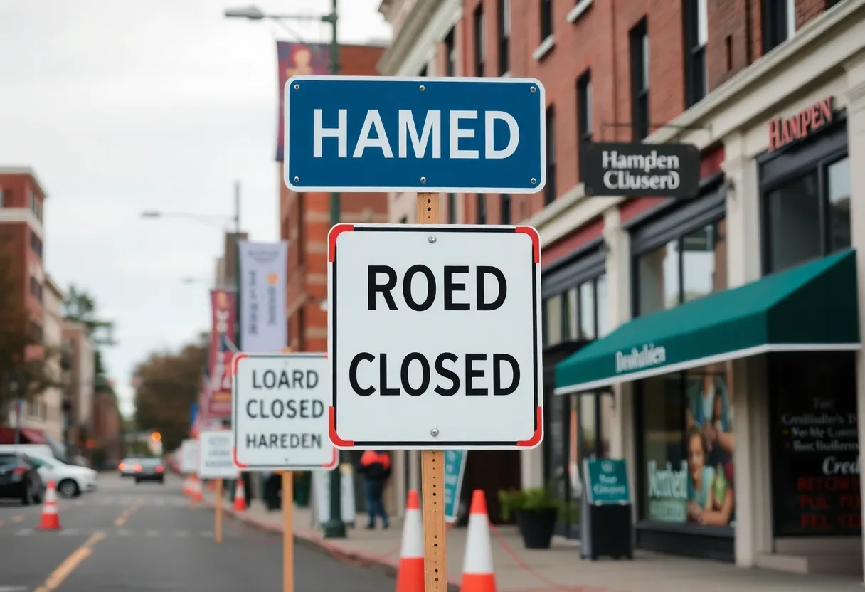 Hampden street view with road closures indicated for the Maryland Cycling Classic
