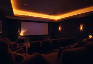 Cozy home theater with comfortable seating and dim lights