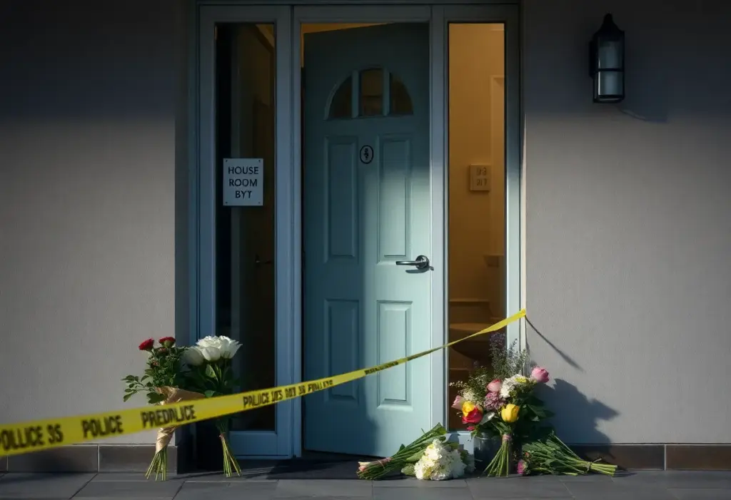 Hotel room door marked with police tape and memorial flowers.