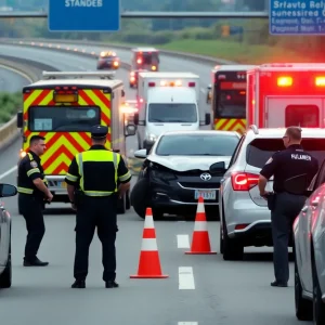 Scene of a multi-vehicle accident on I-795 with emergency responders