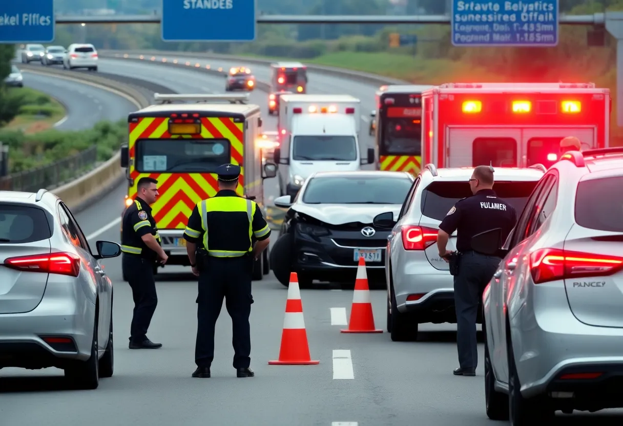 Scene of a multi-vehicle accident on I-795 with emergency responders