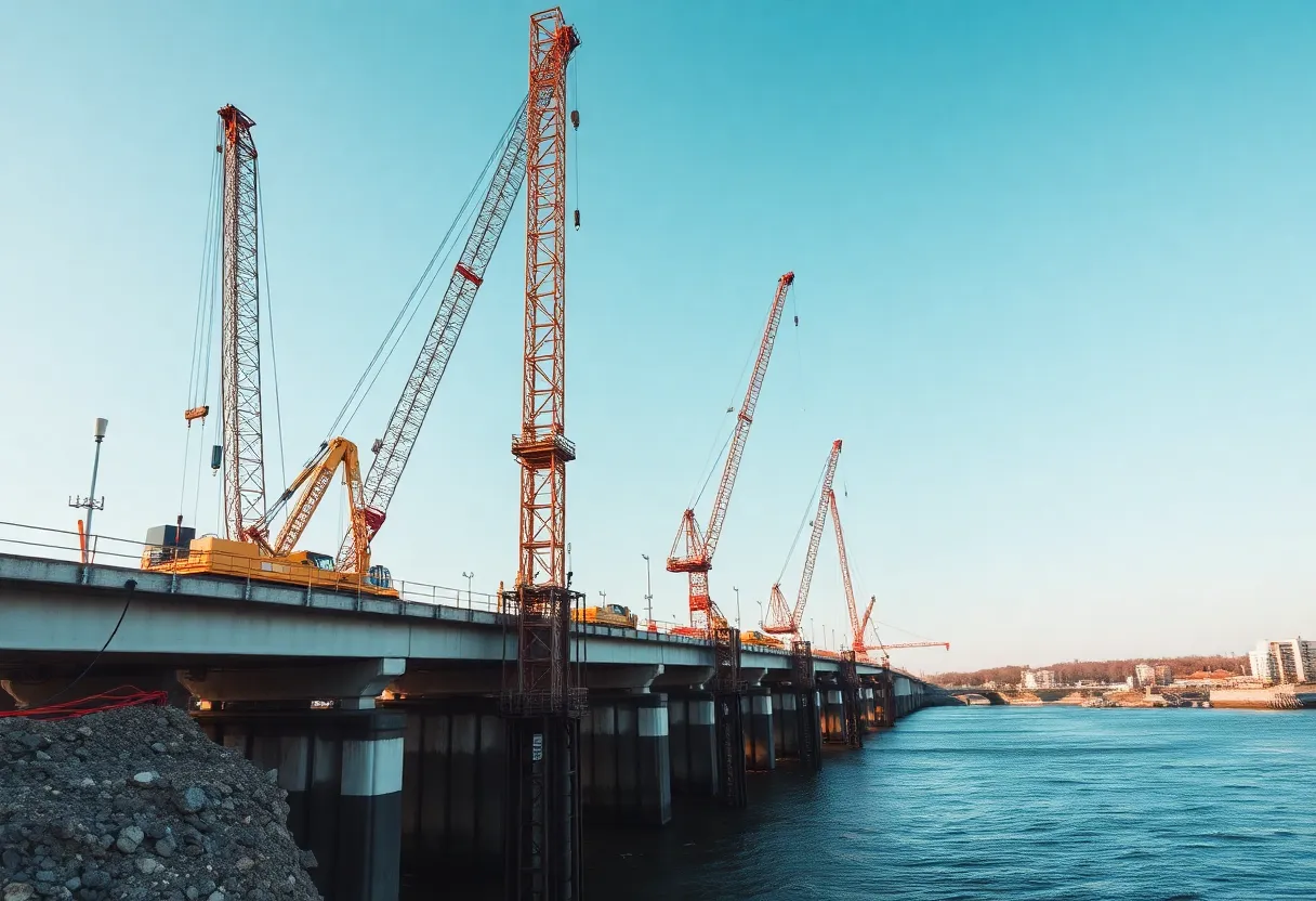 Crane lifting a test pile at Francis Scott Key Bridge construction site