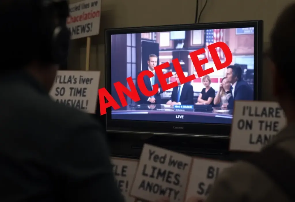 Protest signs against media control and a television showing news coverage