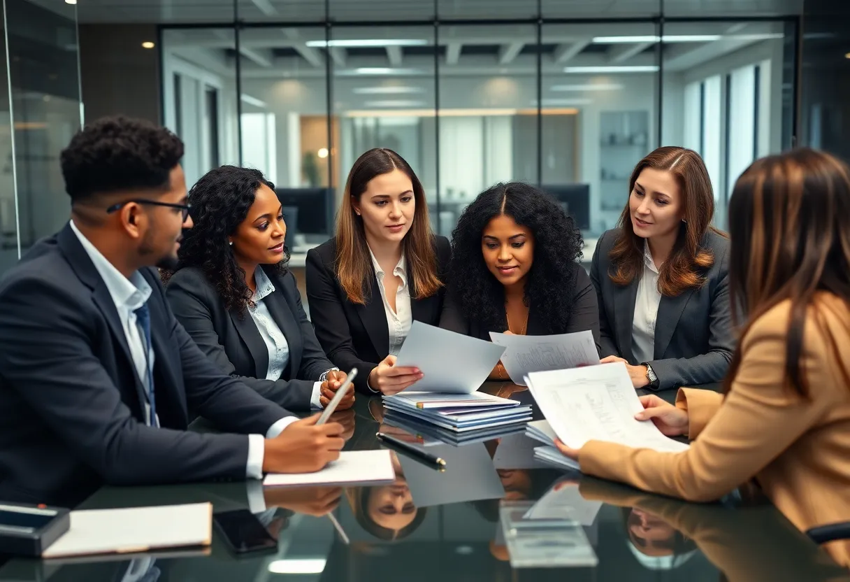 Lawyers collaborating in an office conference room