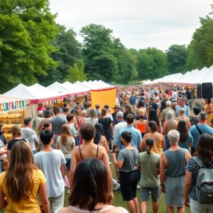 Crowd enjoying the Love Groove Festival with music and art in a park
