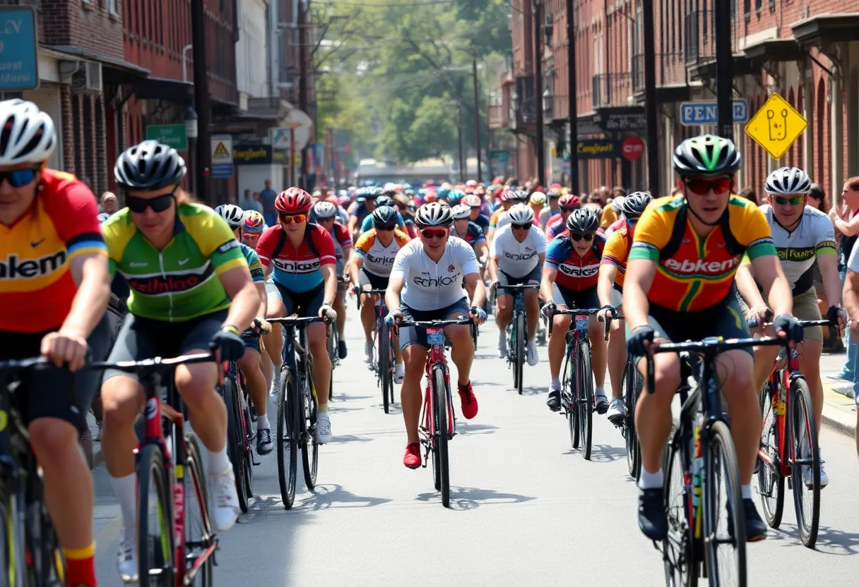 Cyclists racing in the Maryland Cycling Classic through Baltimore.