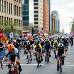 Cyclists racing in the Maryland Cycling Classic on city streets of Baltimore.