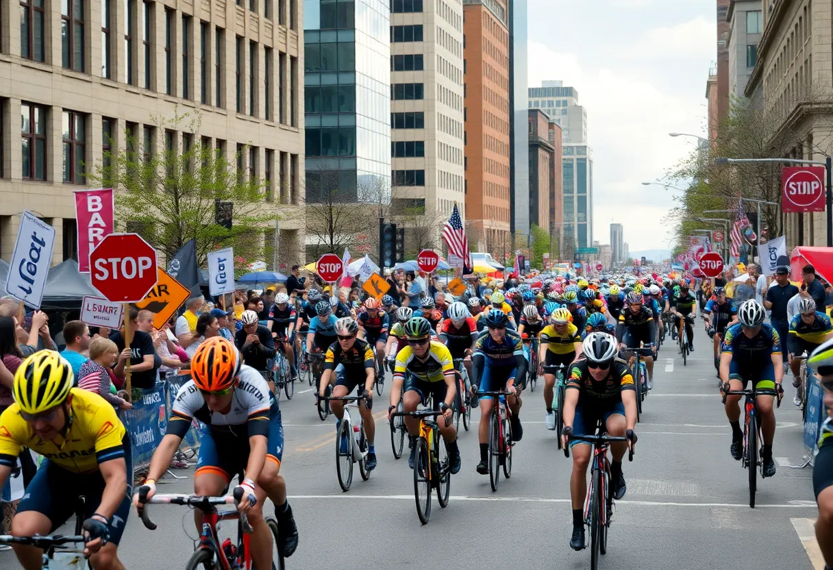 Cyclists racing in the Maryland Cycling Classic on city streets of Baltimore.