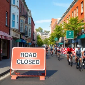 Closed street in Hampden neighborhood with local businesses affected by the Maryland Cycling Classic.