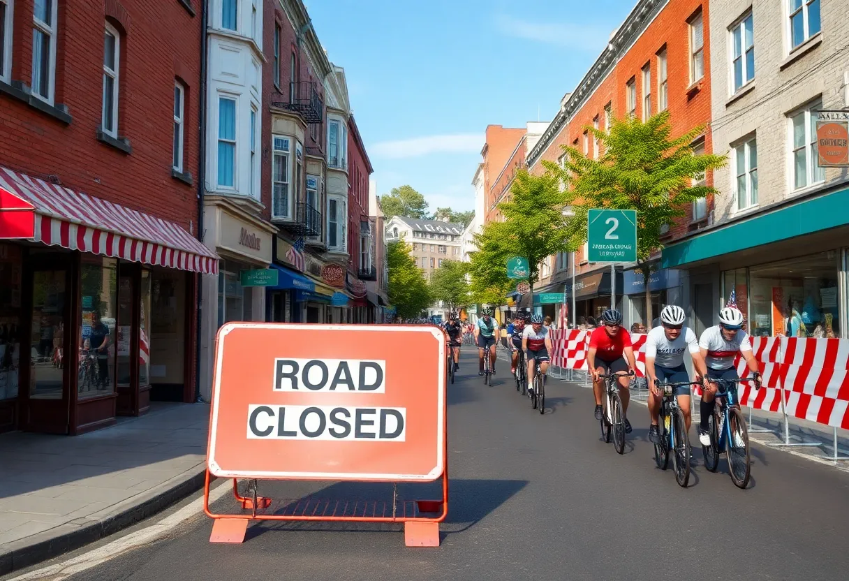 Closed street in Hampden neighborhood with local businesses affected by the Maryland Cycling Classic.