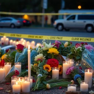 A memorial with candles and flowers for a gun violence victim