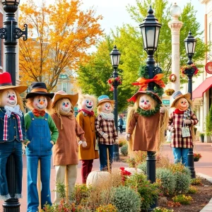 Colorful scarecrows lined up in downtown New Baltimore for the annual contest