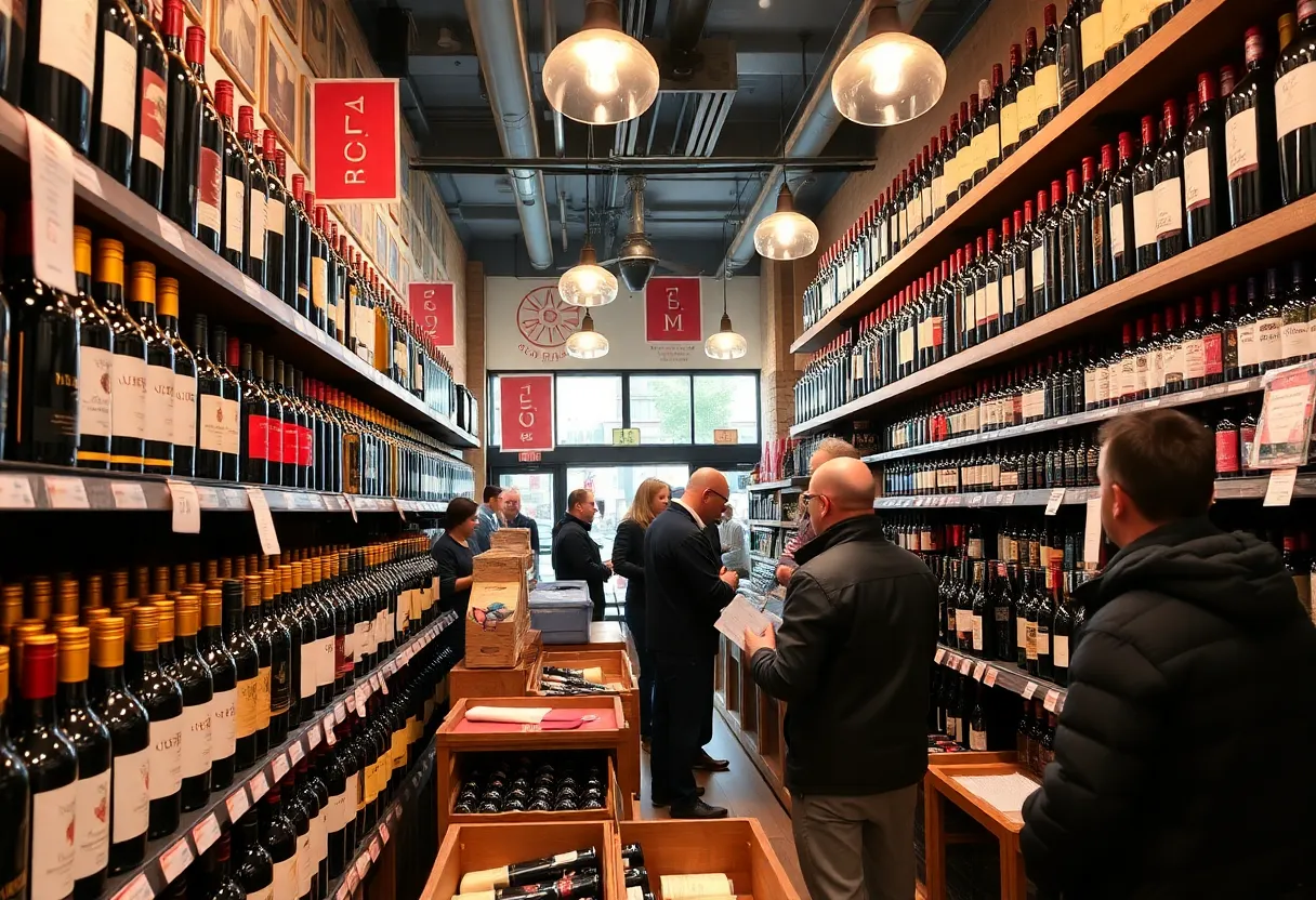 Customers shopping in a New York City wine shop affected by tariffs.