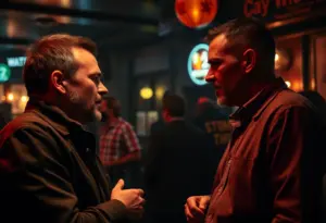 A tense scene in a nightclub with two men engaged in an argument.
