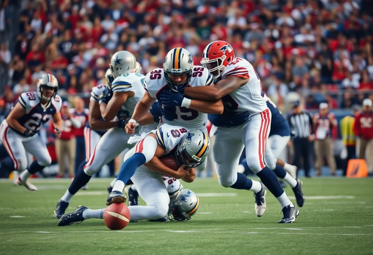 Quarterback facing pressure from defense during a football game