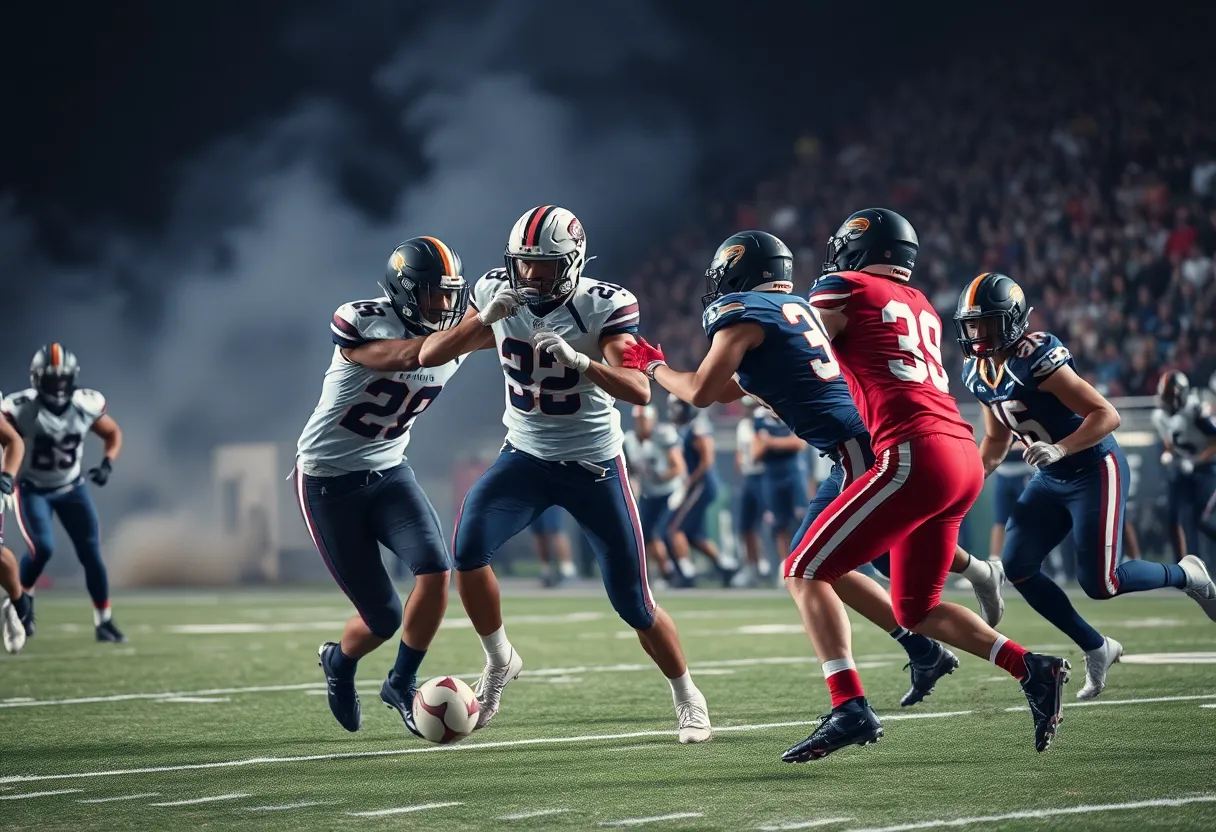 Football players in action during a game