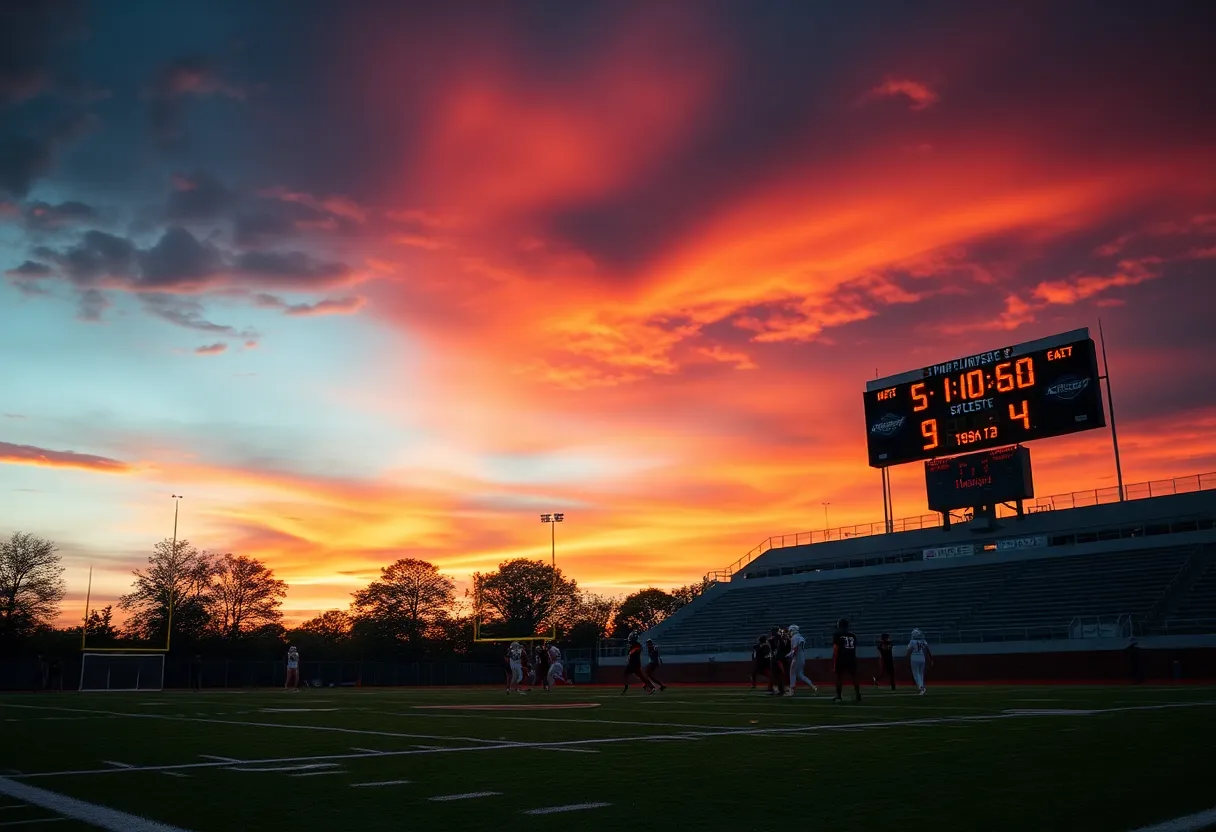 Football field during a close game with sunset background