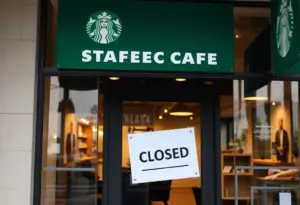Closed Starbucks cafe with empty seating.