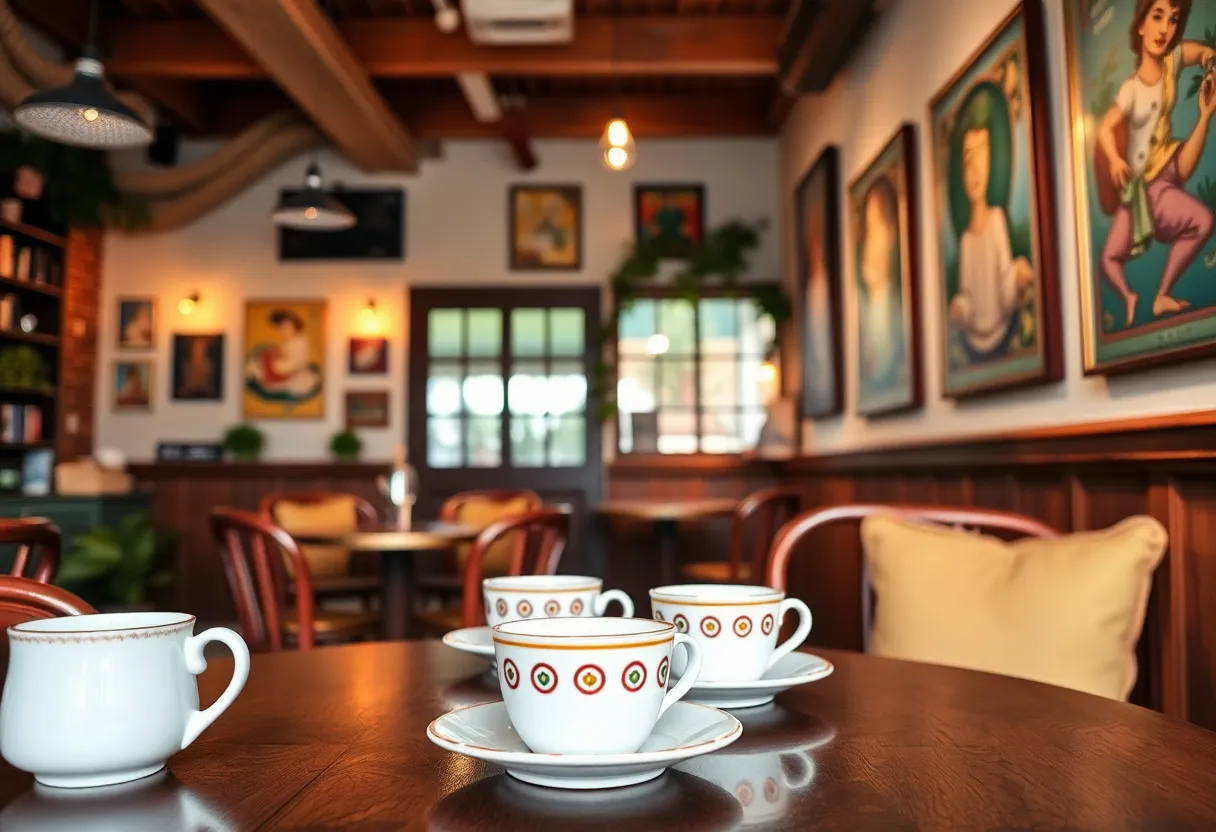 Interior of Teavolve Café showing tea cups and art