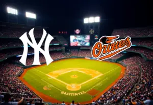 Yankees and Orioles logos at a night baseball game