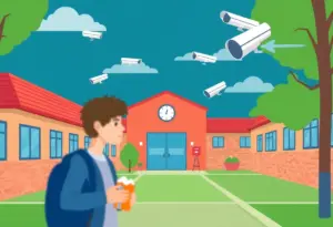 Illustration depicting a school campus with security cameras and an unclear figure holding a snack.