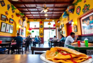 Inside view of Alma Cocina Latina with diners enjoying Venezuelan dishes.