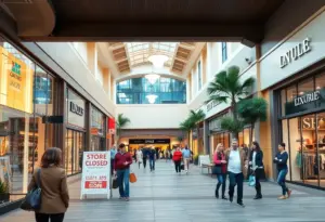 Annapolis Town Center storefronts announcing closures with shoppers in the vicinity.