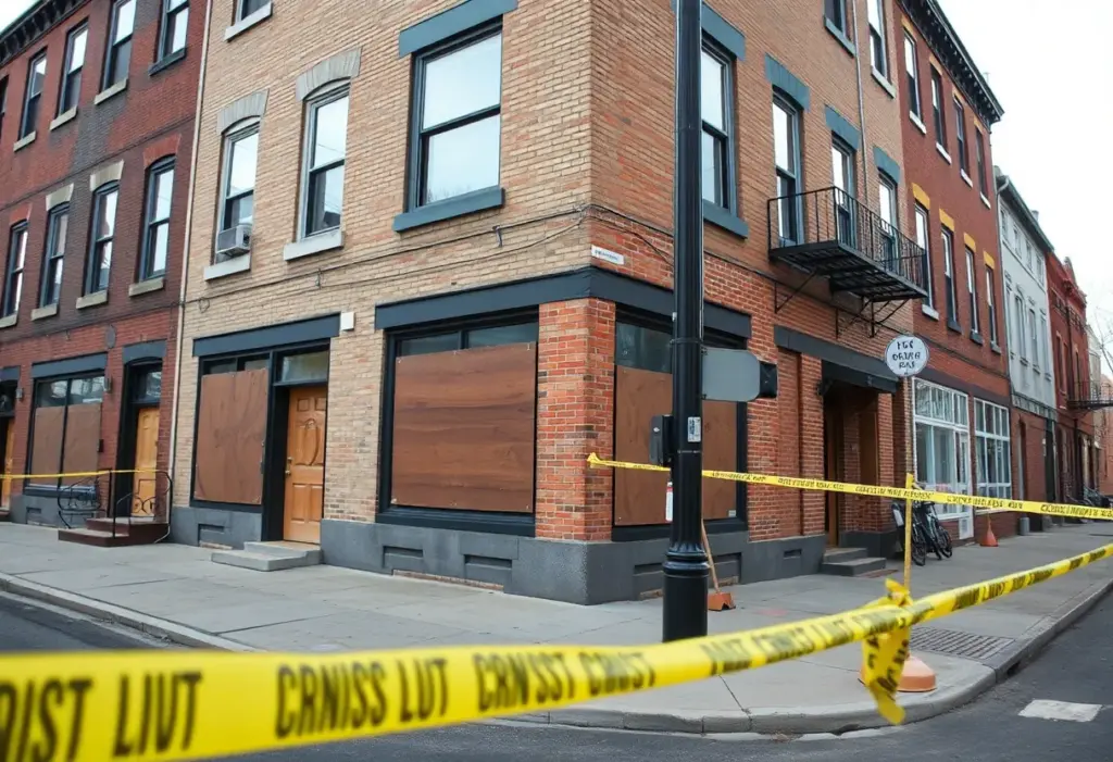 Police presence at a Baltimore crime scene with businesses affected by break-ins