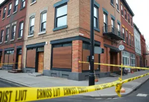 Police presence at a Baltimore crime scene with businesses affected by break-ins