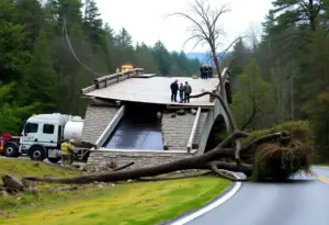 Collapsed bridge in Baltimore County with emergency responders and a septic truck.