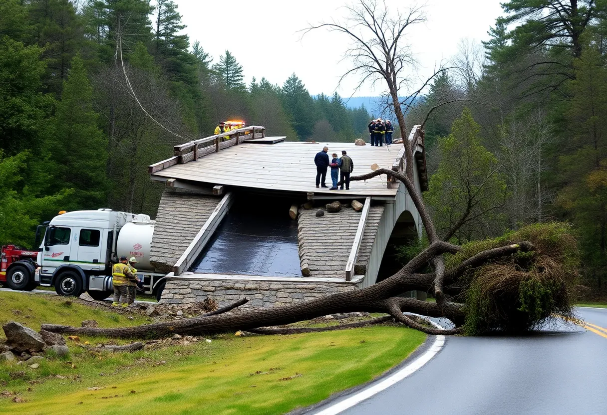 Collapsed bridge in Baltimore County with emergency responders and a septic truck.