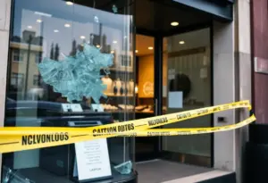 Scene of a jewelry store burglary with caution tape and shattered glass