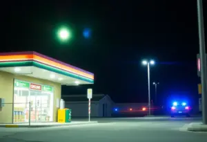 Police cars outside a convenience store at night