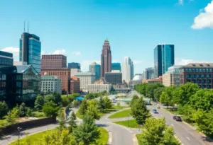 Aerial view of Baltimore featuring urban development and green areas