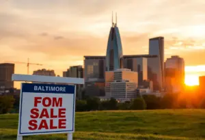 Sunset over Baltimore skyline with a for sale sign