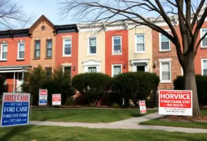 Row of homes in Baltimore with foreclosure notices, reflecting a housing crisis.