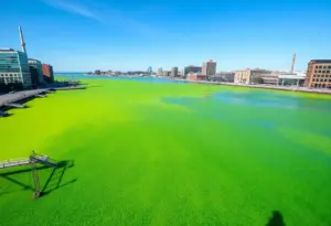 Fluorescent green algae bloom in Baltimore's Inner Harbor