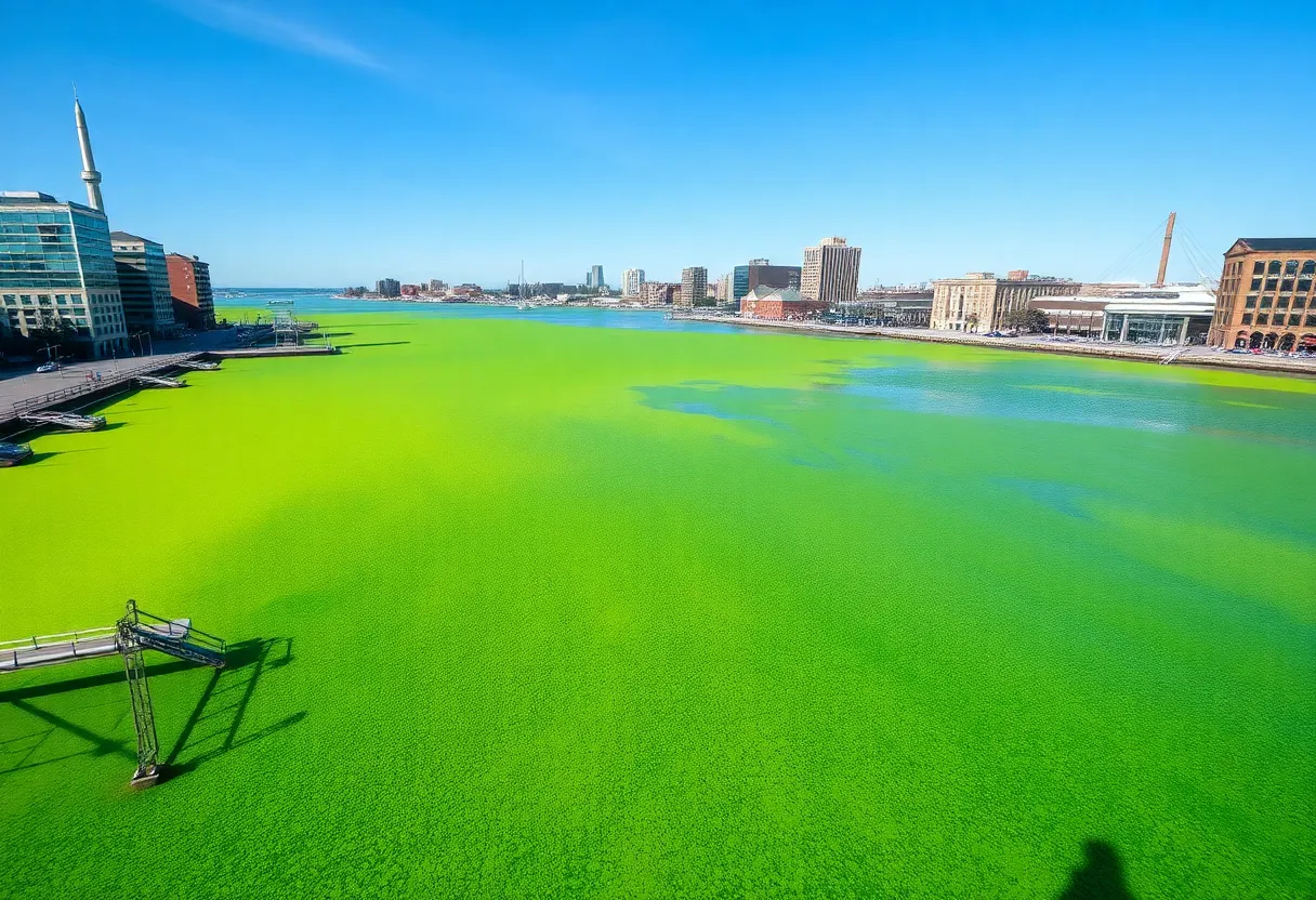 Fluorescent green algae bloom in Baltimore's Inner Harbor