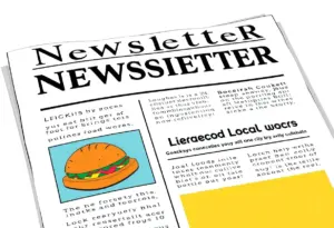 Illustration of Baltimore newsletters with sports and food culture headlines.