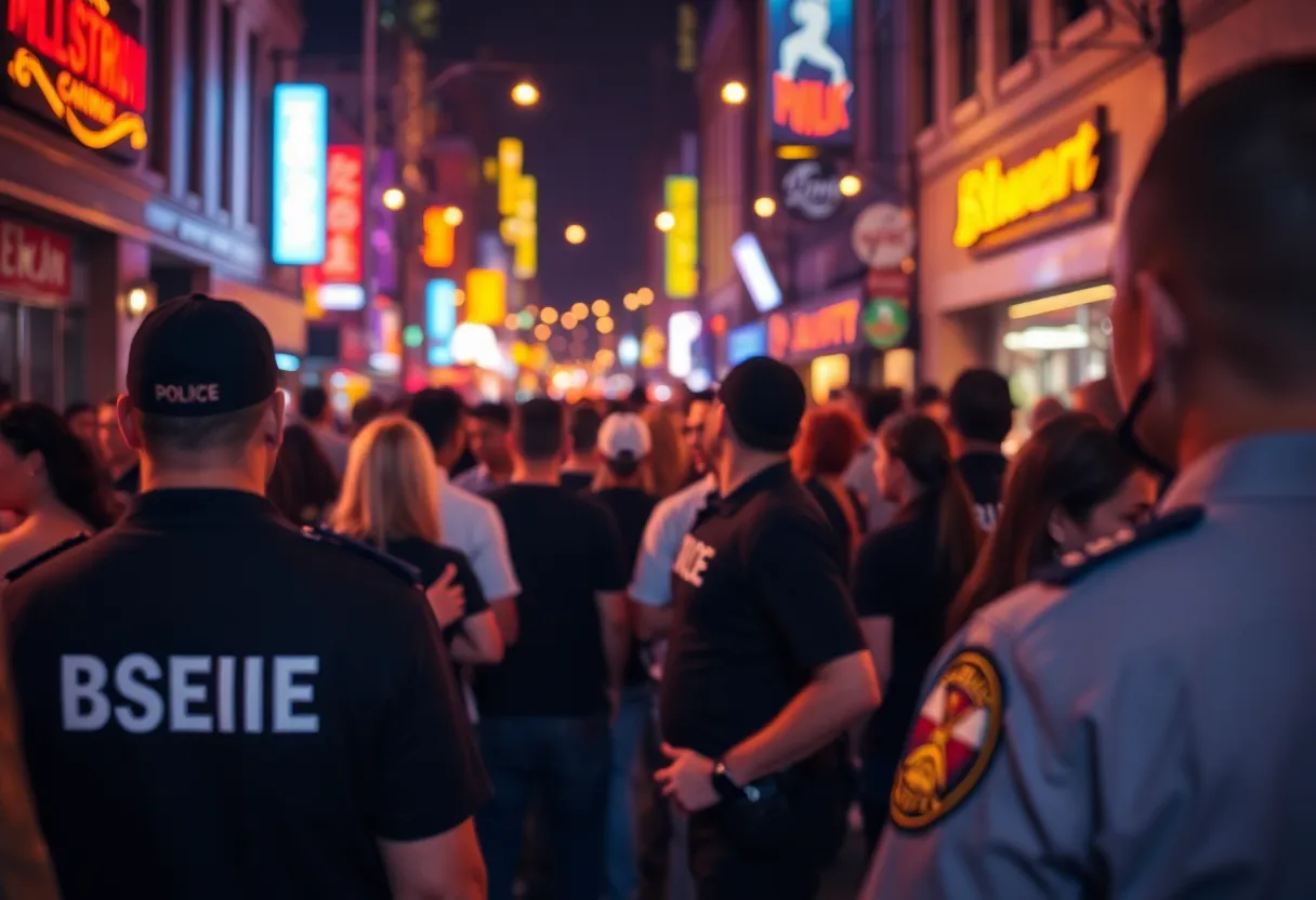 Nightlife scene in Baltimore with security personnel