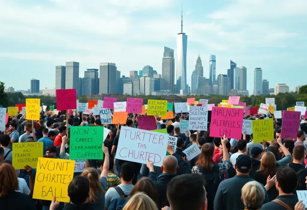 Crowds of protesters with signs at Baltimore Running Festival