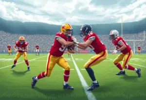 Football players competing in a defensive play during an NFL game.