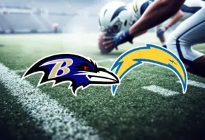 Illustration of Ravens and Chargers logos on a football field