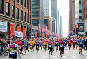 Runners participating in the Baltimore Running Festival with bustling downtown Baltimore in the background.