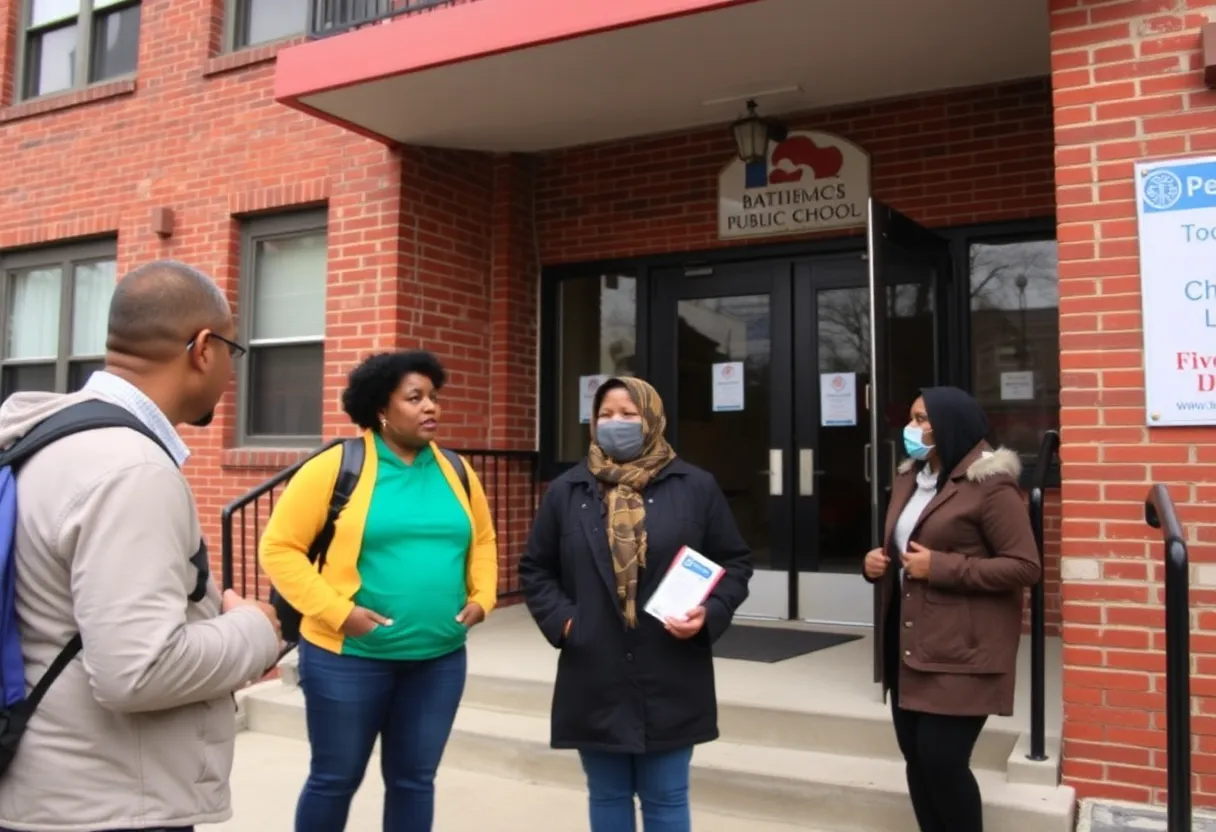 Community members discussing local issues in front of a Baltimore school.