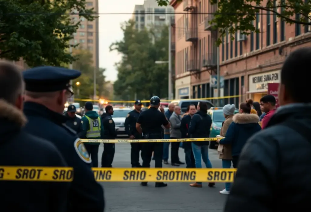 Police at a Baltimore shooting scene with gathered community members.