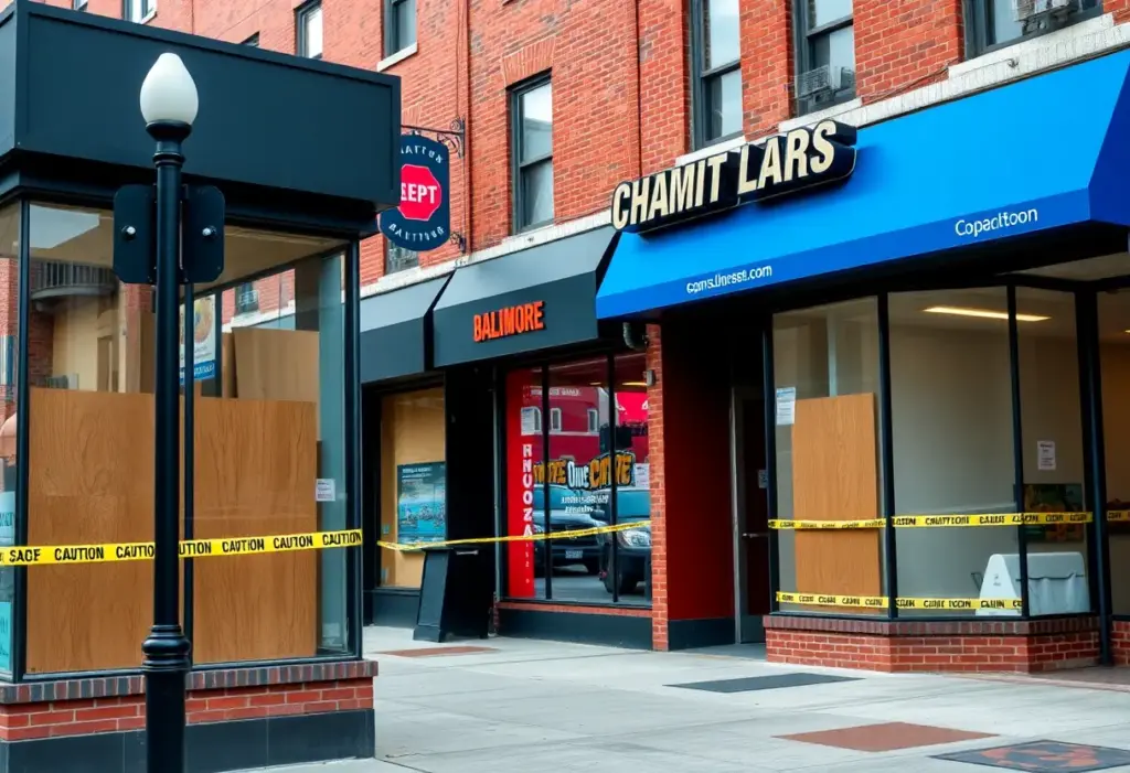 Storefronts in Baltimore showing signs of vandalism and security concerns