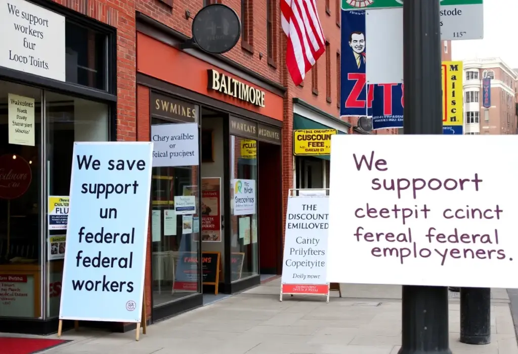 Baltimore street with support signs for federal workers